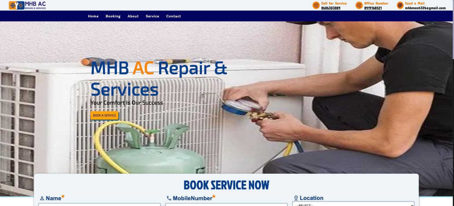 AC repair service website with call-for-service numbers in the header, a hero photograph of a technician servicing an air conditioner, and a 'Book Service Now' form with name, mobile number and location fields.