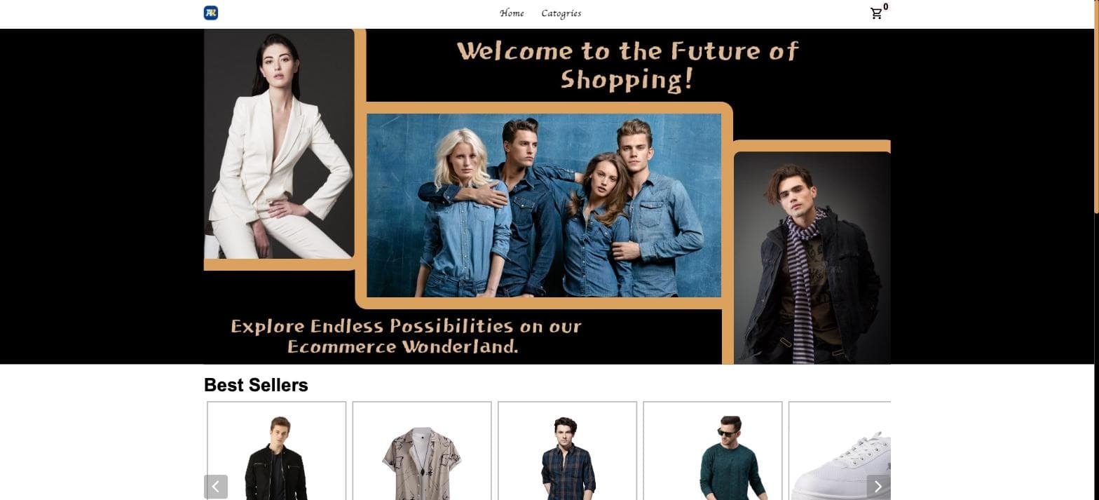 Clothing e-commerce homepage with a dark editorial hero collage, a cart counter in the navigation, and a 'Best Sellers' product carousel.