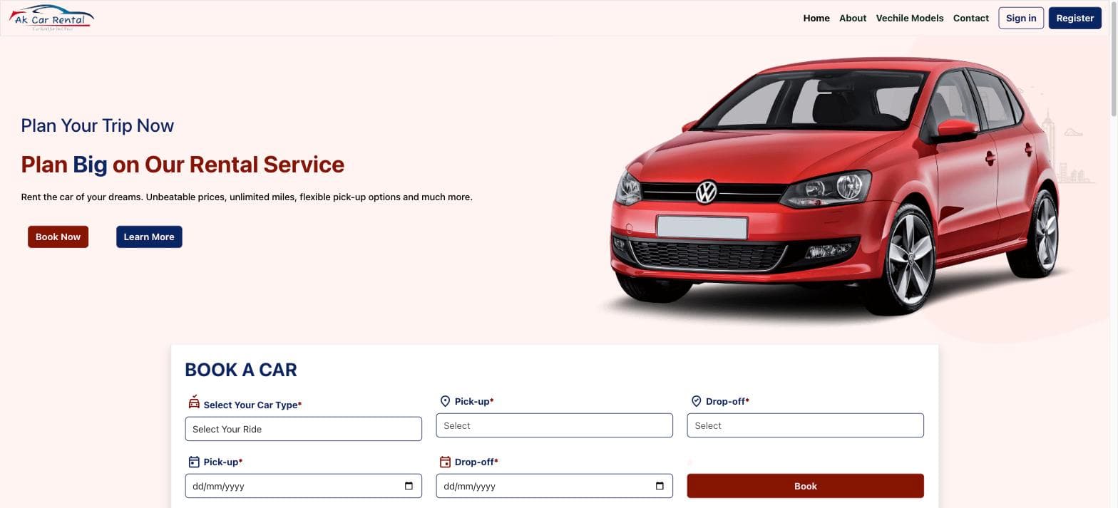 Car rental homepage with a 'Plan Big on Our Rental Service' hero, a red hatchback, and a 'Book a Car' form with car type, pick-up and drop-off location and date fields.