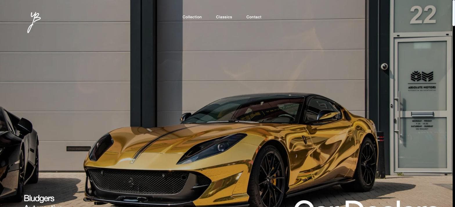 Luxury car dealership website with a minimal white monogram, a Collection / Classics / Contact navigation, and a full-bleed photograph of a gold sports car.